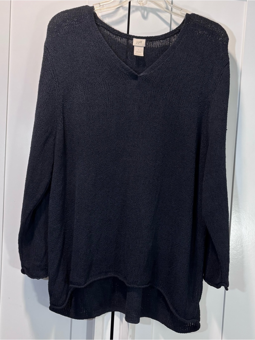 J.Jill Silk V-Neck Open Knit Sweater High-Low Black Pullover Women’s L